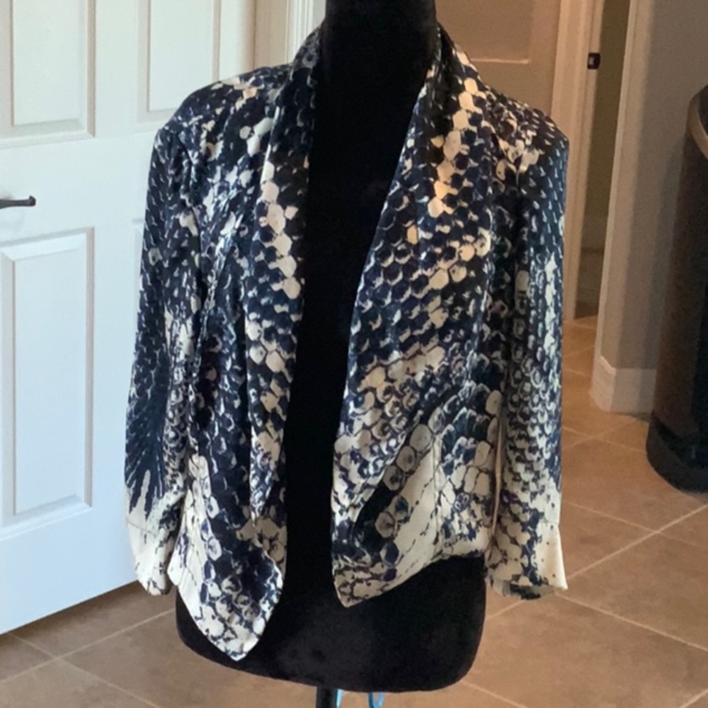 INC blue/black/white jacket. 3/4 sleeve, size medium